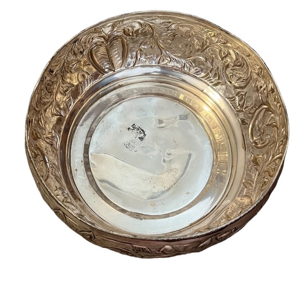 Handcrafted 12" Flower Design Ethnic Silver Bowl Brass Vase Decor, - Picture 3 of 6